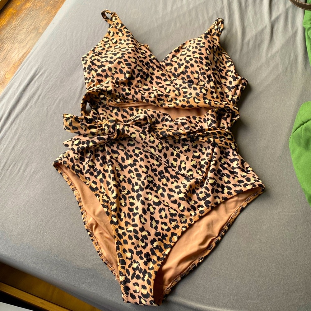 Aerie Real Good Leopard Wrap One Piece Swimsuit